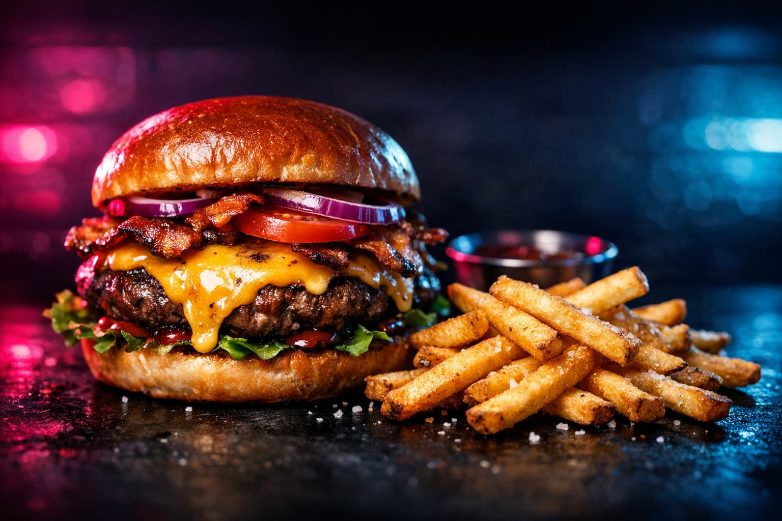 Hamburguesa gourmet con patatas fritas en ambiente oscuro con luces neón rosa y cian
