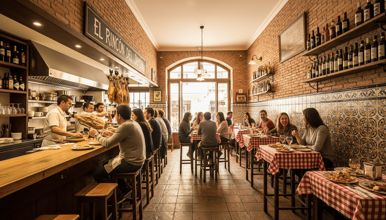 Interior acogedor de La esquina en Cazorla con mostrador de madera y ambiente cálido