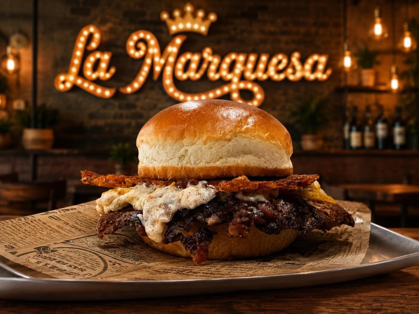 Hamburguesa con carne crujiente y salsa blanca frente al letrero iluminado de La Marquesa.